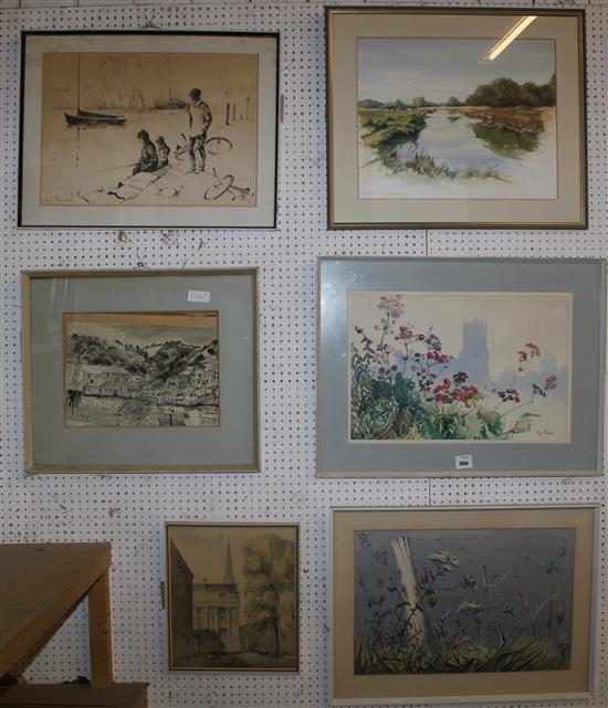 James McGregor, watercolour, Nr Winchester; three wash/watercolour drawings by Joy Parsons & sundry pictures (6)(-)